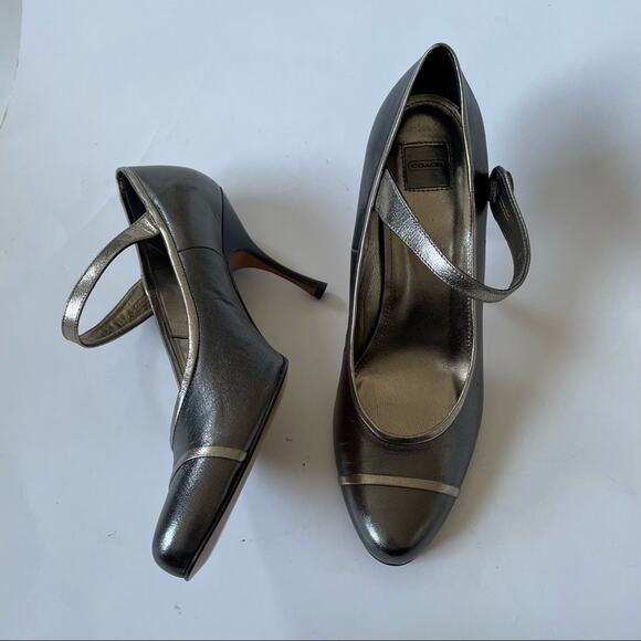 Coach Lauryn Mary Jane Heels Made in Italy Silver Pewter Metallic New 10 - Picture 12 of 14
